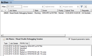 Screenshot: HPC Job Manager displaying a Visual Studio 2010 Debugging Job (2/2)